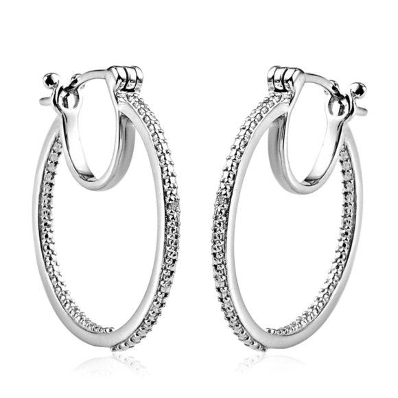 🆕🆑 Diamond Accent Hoop Encrusted Earrings | Inside Out Rhodium Platinum Silver - Picture 3 of 11